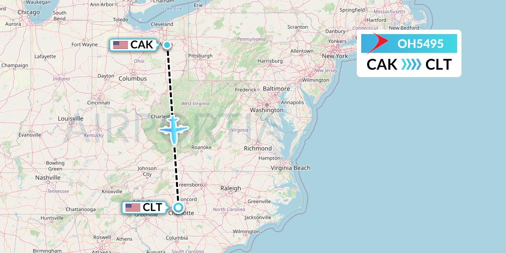 OH5495 PSA Airlines Flight Map: Akron to Charlotte