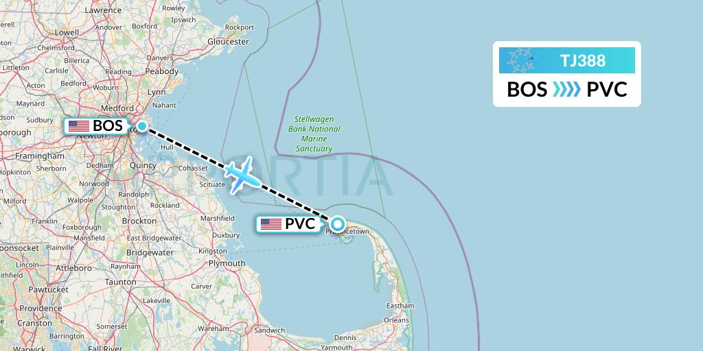 TJ388 Tradewind Aviation Flight Map: Boston to Provincetown