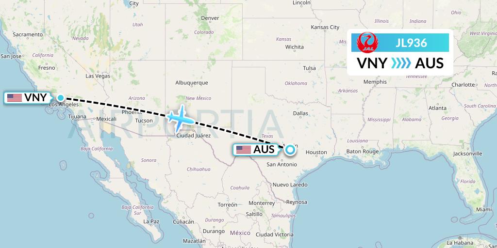 JL936 Japan Airlines Flight Map: Van Nuys to Austin
