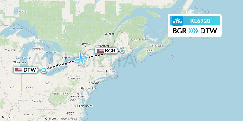 KL6920 KLM Flight Map: Bangor to Detroit