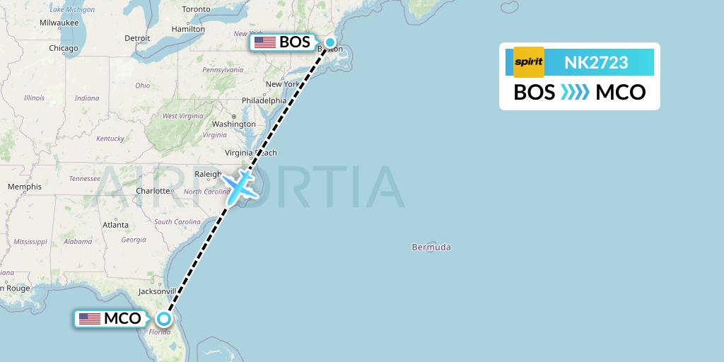 NK2723 Spirit Airlines Flight Map: Boston to Orlando
