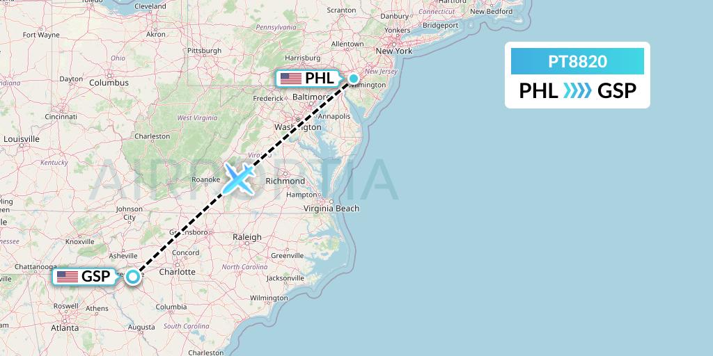 PT8820 Piedmont Airlines Flight Map: Philadelphia to Greenville-Spartanburg