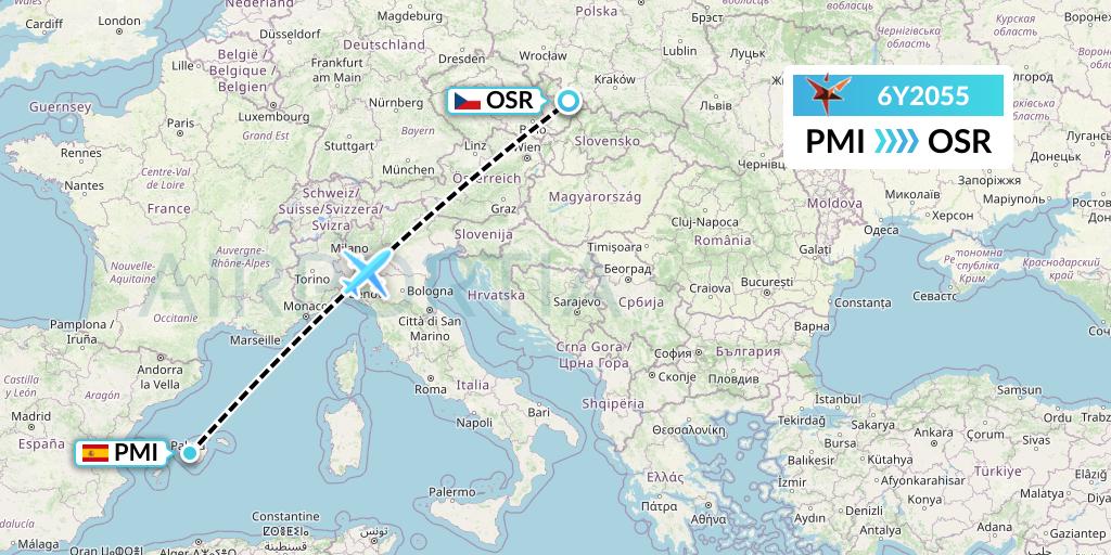6Y2055 SmartLynx Flight Map: Palma de Mallorca to Ostrava