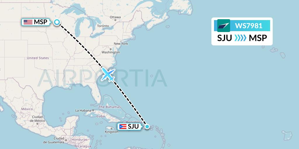 WS7981 WestJet Flight Map: San Juan to Minneapolis