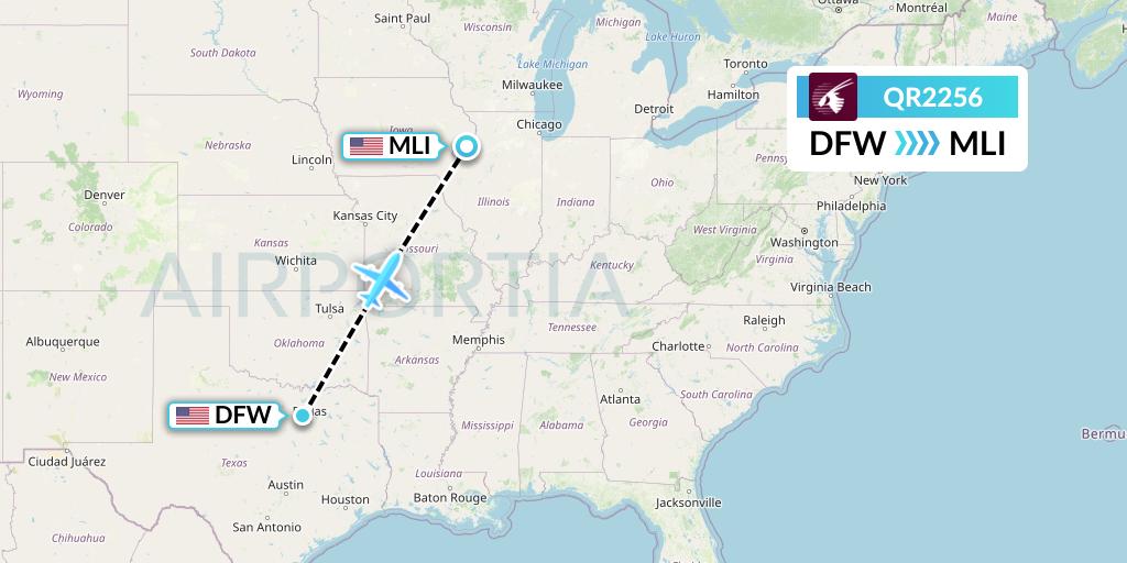 QR2256 Qatar Airways Flight Map: Dallas to Moline