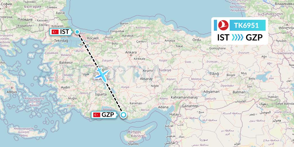 TK6951 Turkish Airlines Flight Map: Istanbul to Gazipasa