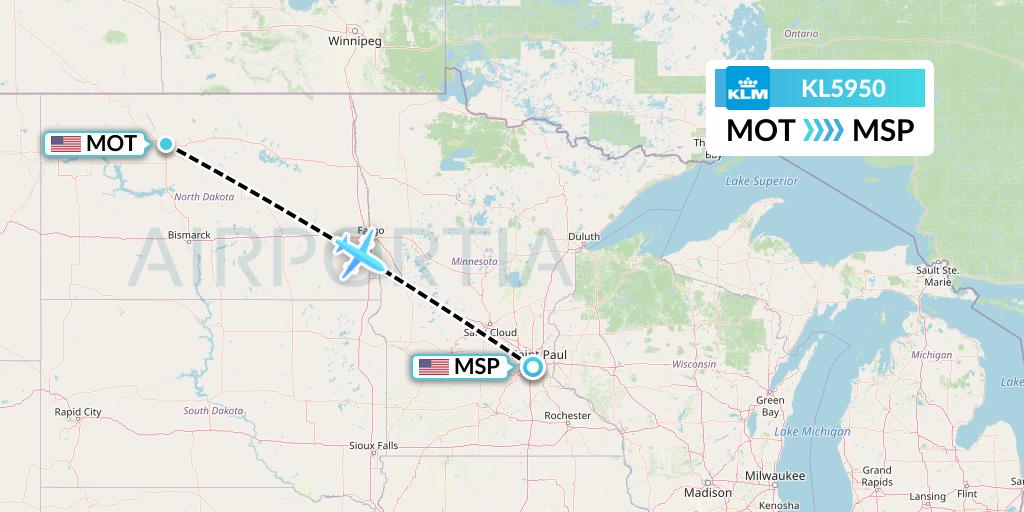 KL5950 KLM Flight Map: Minot to Minneapolis