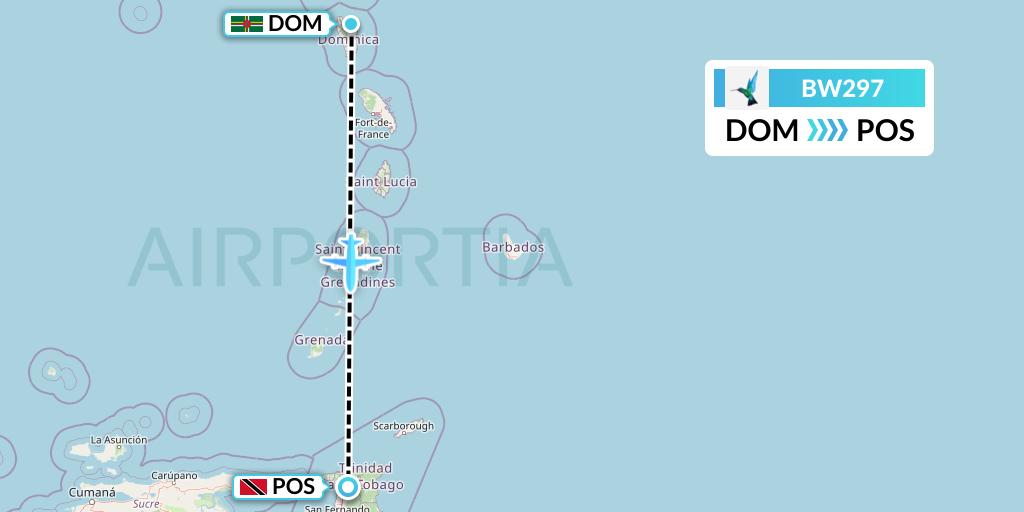 BW297 Caribbean Airlines Flight Map: Dominica to Port of Spain