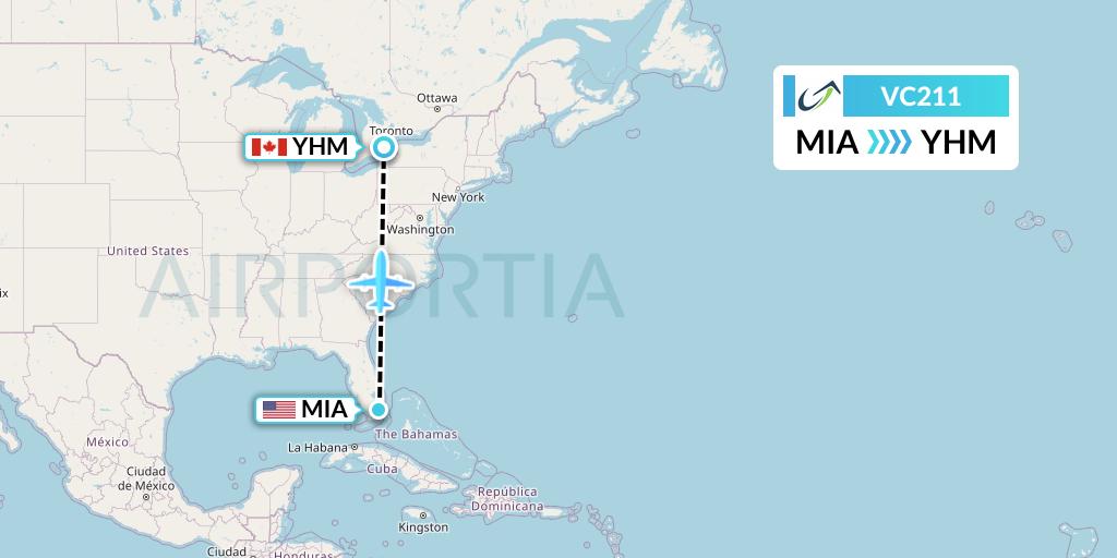 VC211 ViaAir Flight Map: Miami to Hamilton