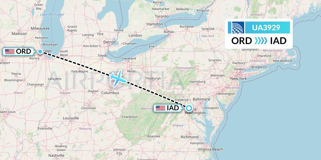 UA3929 United Airlines Flight Map: Chicago to Washington