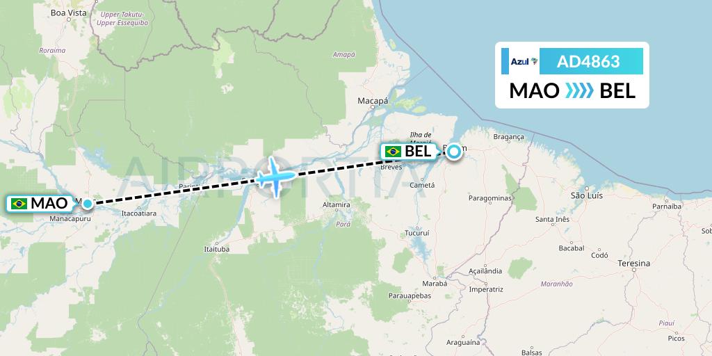 AD4863 Azul Brazilian Airlines Flight Map: Manaus to Belem