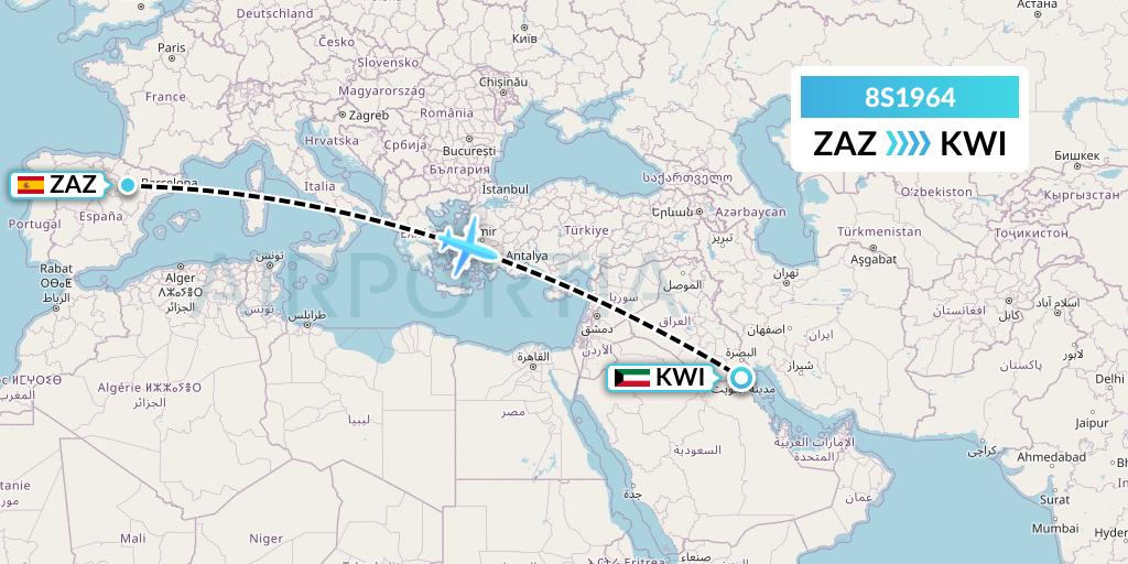 8S1964 Shun Tak-China Travel Ship Mgmt. Ltd. Flight Map: Zaragoza to Kuwait City