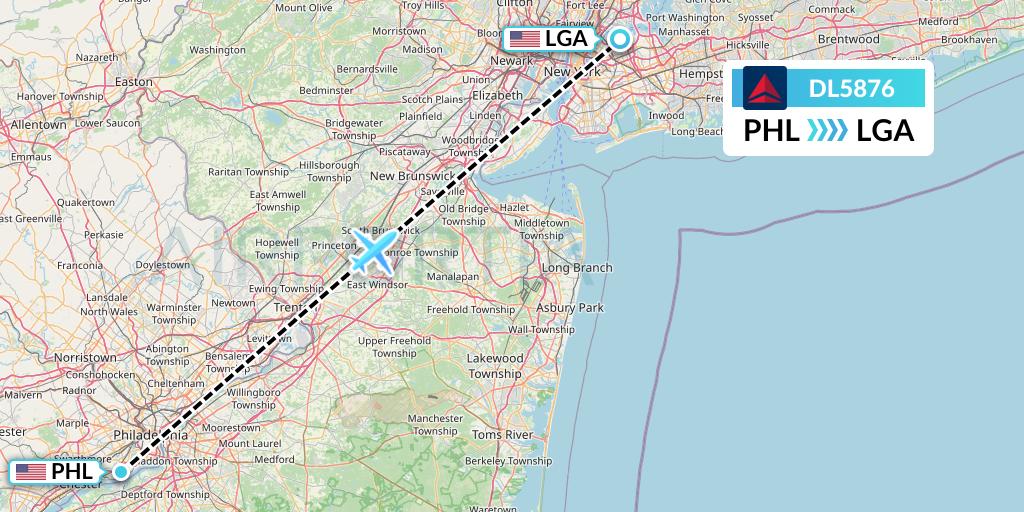 DL5876 Delta Air Lines Flight Map: Philadelphia to New York