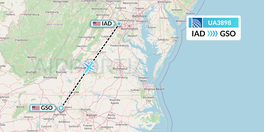 UA3898 United Airlines Flight Map: Washington to Greensboro