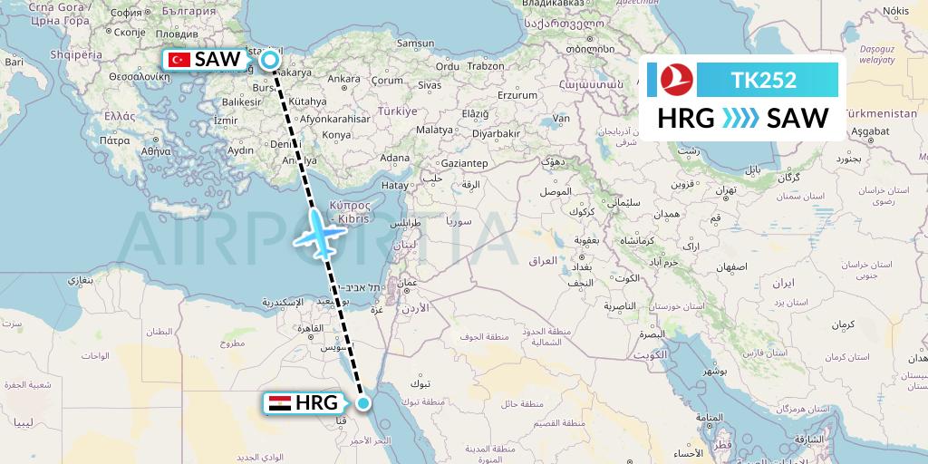 TK252 Turkish Airlines Flight Map: Hurghada to Istanbul