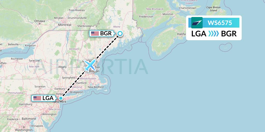 WS6575 WestJet Flight Map: New York to Bangor