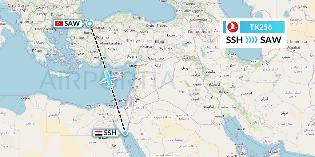 TK256 Turkish Airlines Flight Map: Sharm el-Sheikh to Istanbul