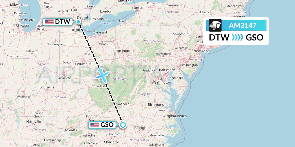 AM3147 Aeromexico Flight Map: Detroit to Greensboro