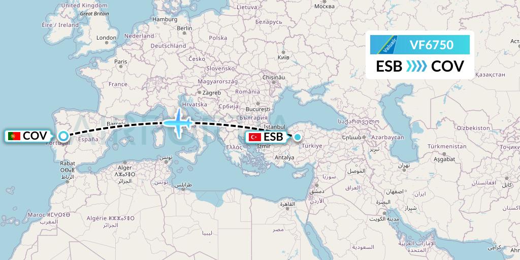 VF6750 ValuAir Flight Map: Ankara to Portugal