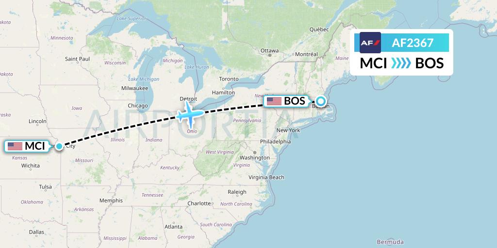 AF2367 Air France Flight Map: Kansas City to Boston