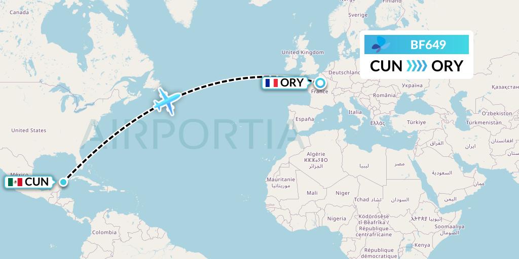 BF649 French Blue Flight Map: Cancun to Paris