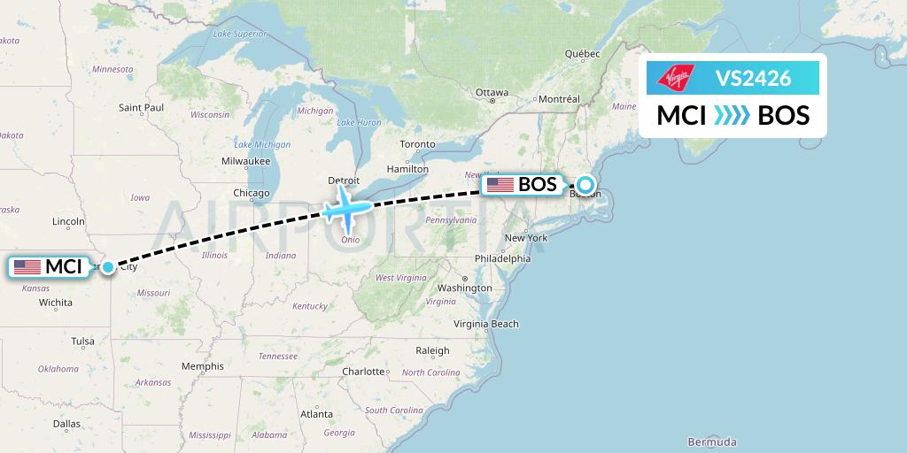 VS2426 Virgin Atlantic Airways Flight Map: Kansas City to Boston