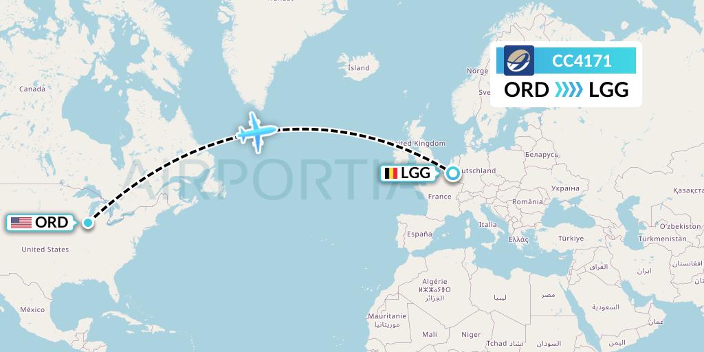 CC4171 CM Airlines Flight Map: Chicago to Liege