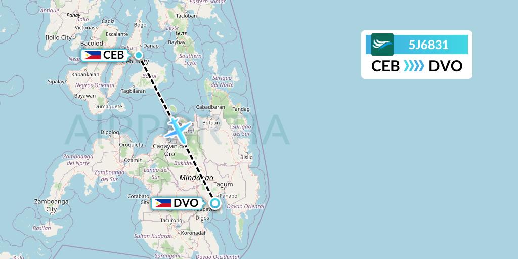 5J6831 CEBU Pacific Air Flight Map: Cebu to Davao City