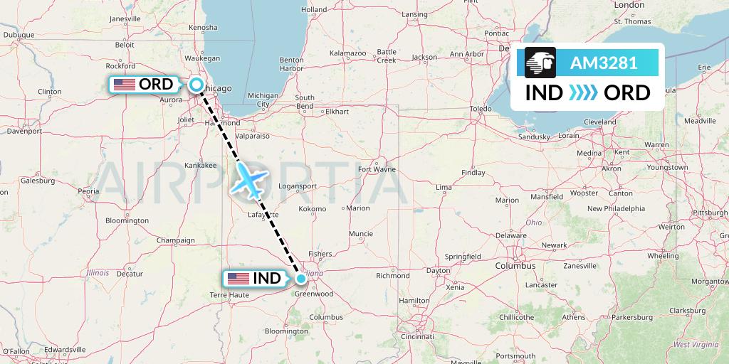 AM3281 Aeromexico Flight Map: Indianapolis to Chicago