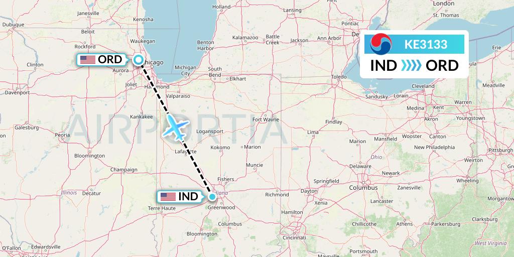 KE3133 Korean Air Flight Map: Indianapolis to Chicago