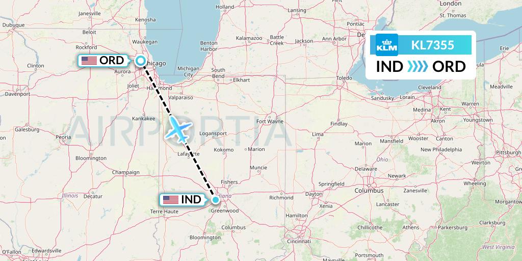KL7355 KLM Flight Map: Indianapolis to Chicago
