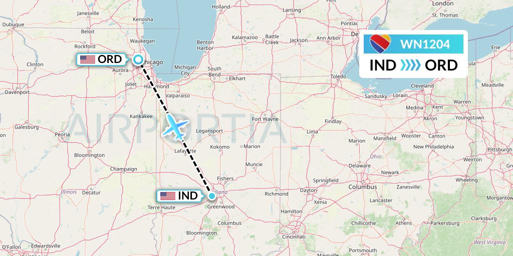 WN1204 Southwest Airlines Flight Map: Indianapolis to Chicago