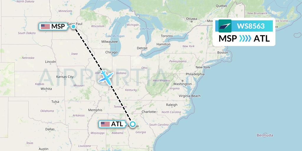 WS8563 WestJet Flight Map: Minneapolis to Atlanta