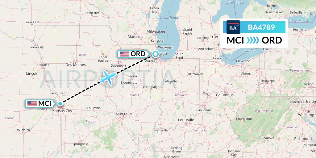 BA4789 British Airways Flight Map: Kansas City to Chicago
