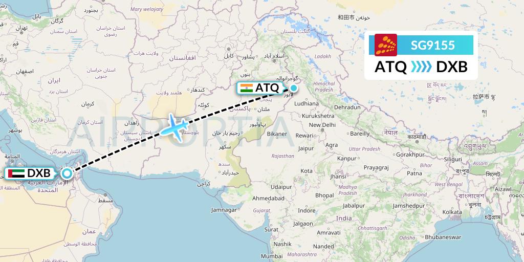 SG9155 SpiceJet Flight Map: Amritsar to Dubai