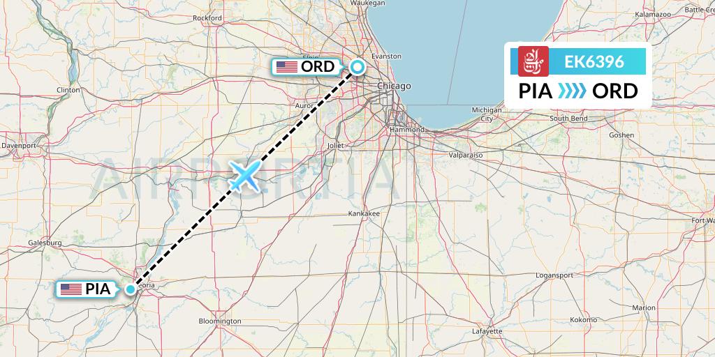 EK6396 Emirates Flight Map: Peoria to Chicago