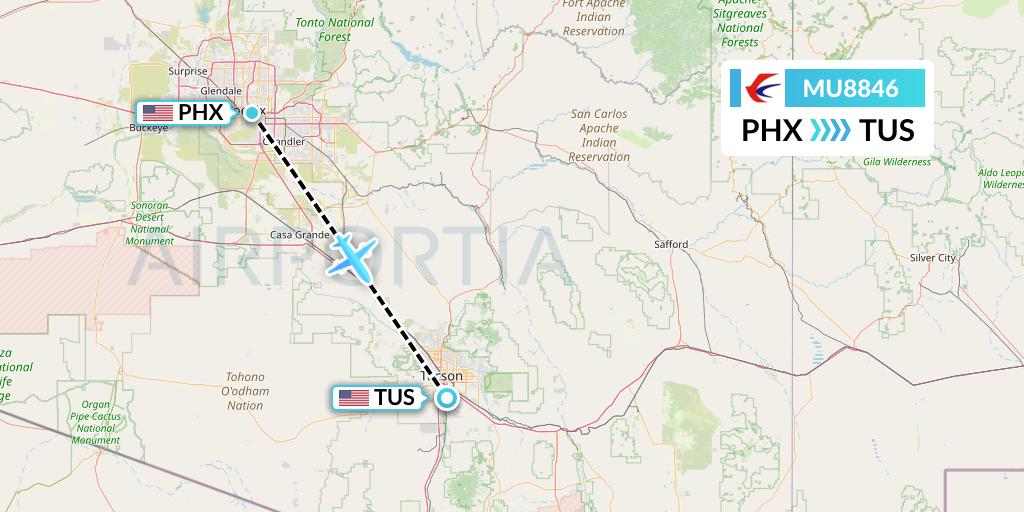 MU8846 China Eastern Airlines Flight Map: Phoenix to Tucson