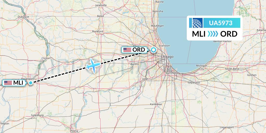 UA5973 United Airlines Flight Map: Moline to Chicago