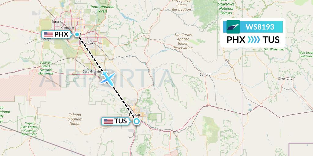 WS8193 WestJet Flight Map: Phoenix to Tucson