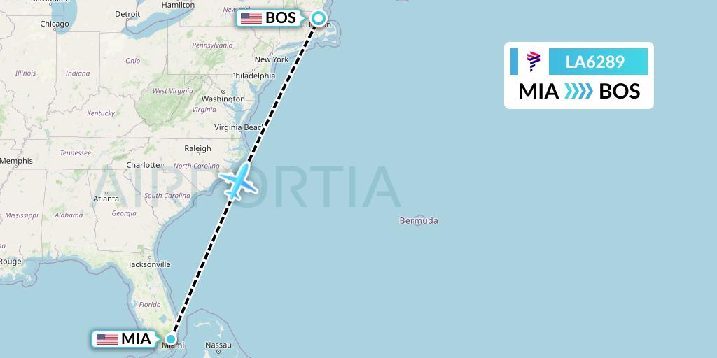 LA6289 LAN Airlines Flight Map: Miami to Boston