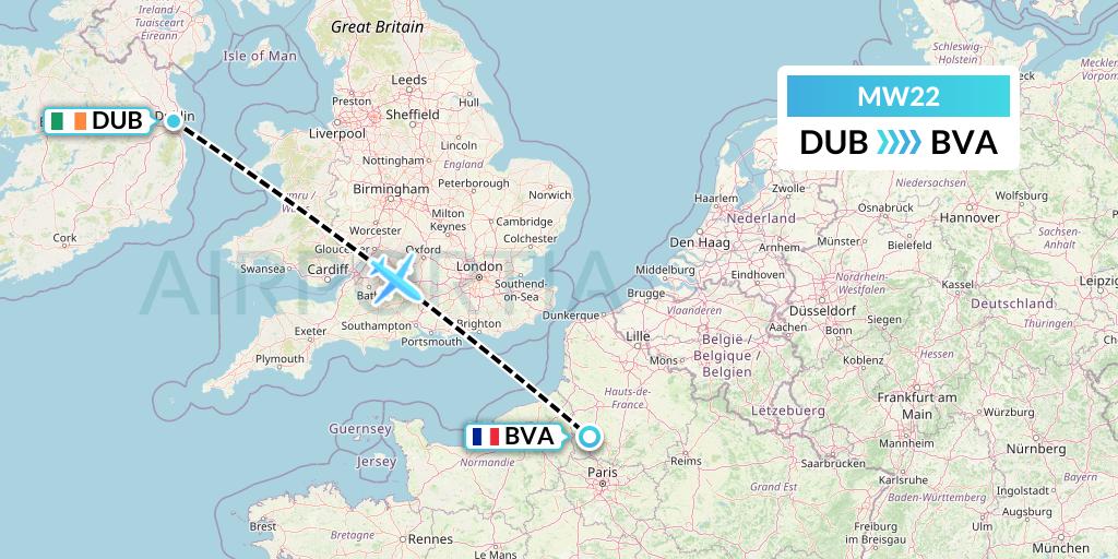 MW22 Mokulele Flight Service Flight Map: Dublin to Paris