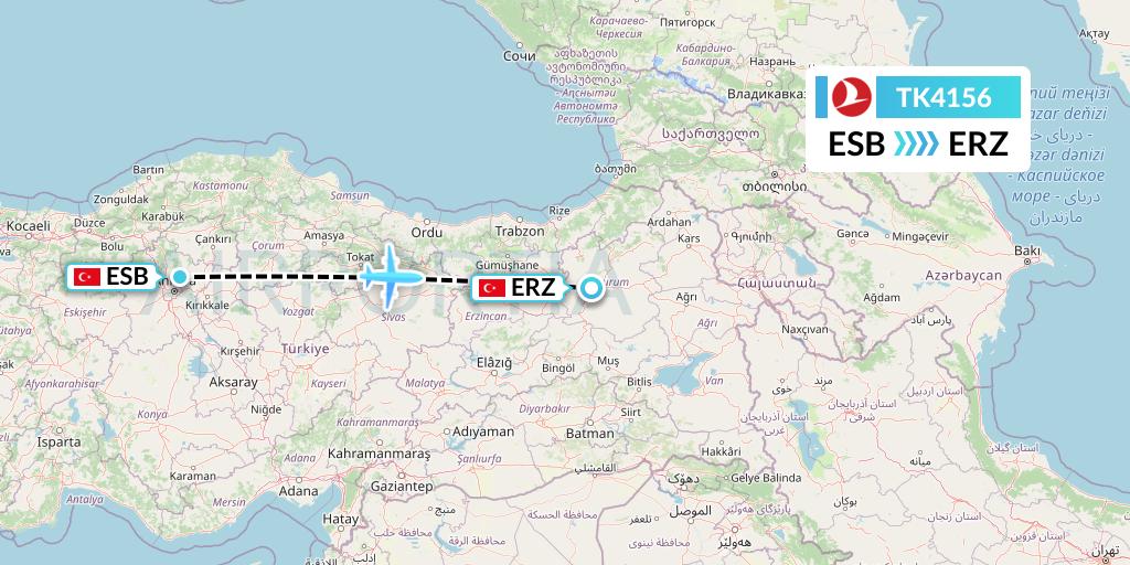 TK4156 Turkish Airlines Flight Map: Ankara to Erzurum