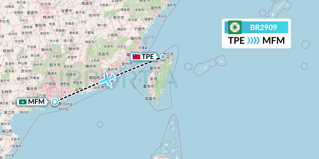 BR2909 EVA Air Flight Map: Taipei to Macau