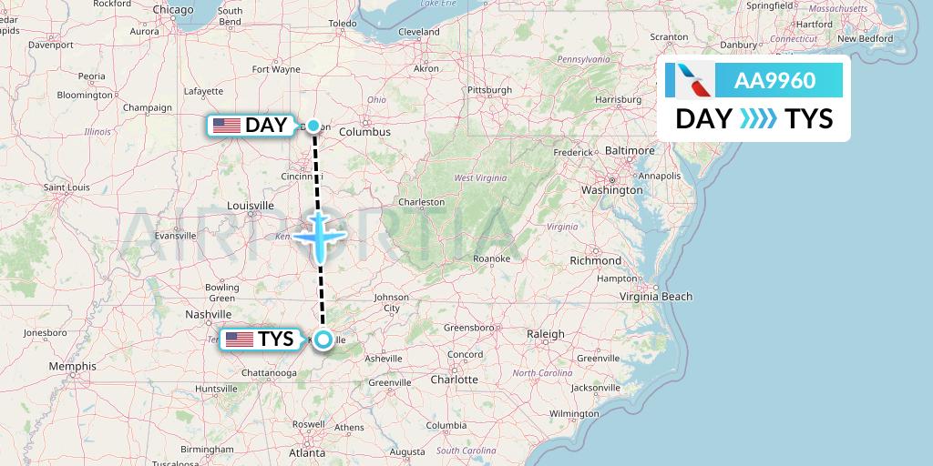 AA9960 American Airlines Flight Map: Dayton to Knoxville