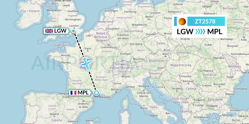 ZT2578 Titan Airways Flight Map: London to Montpellier