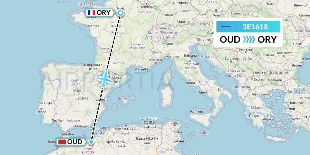3E1618 Air Choice One Flight Map: Oujda to Paris