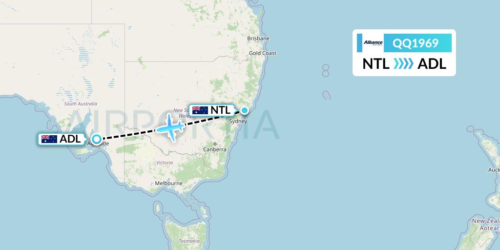 QQ1969 Alliance Airlines Flight Map: Newcastle to Adelaide