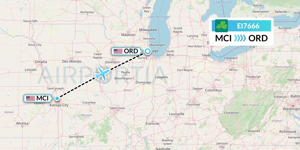 EI7666 Aer Lingus Flight Map: Kansas City to Chicago