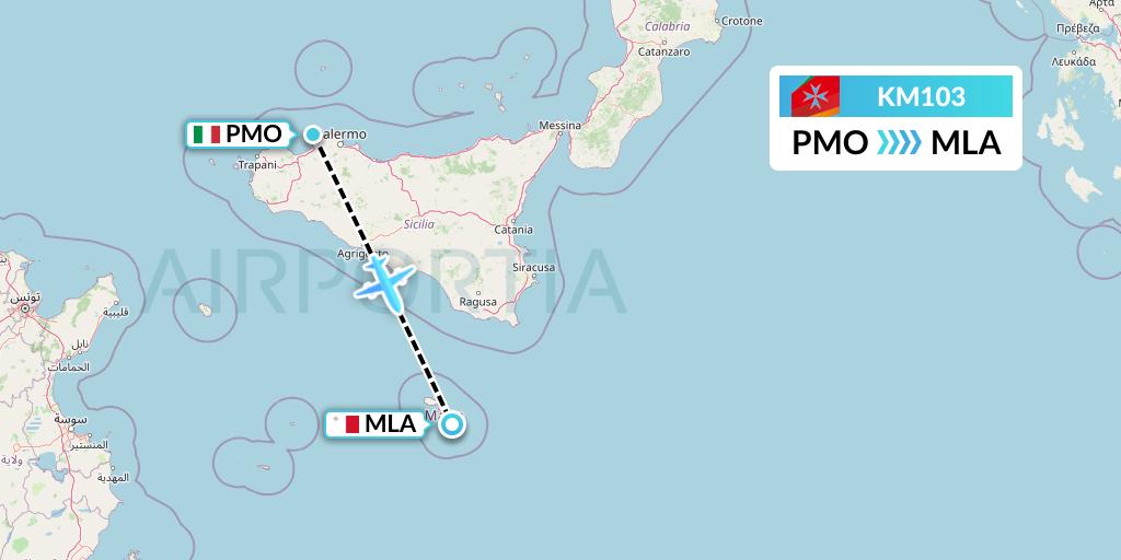 KM103 Air Malta Flight Map: Palermo to Malta