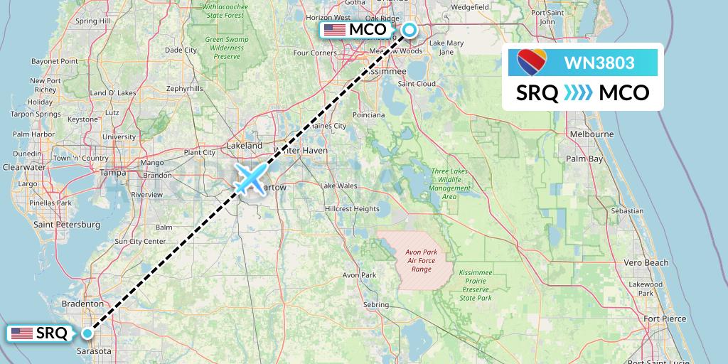 WN3803 Southwest Airlines Flight Map: Sarasota to Orlando